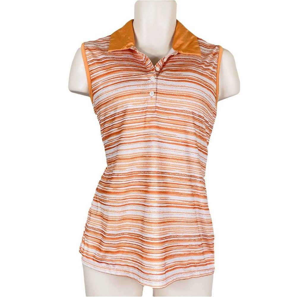 Womens Coral Bay Golf Sz M Orange & White Striped Sleeveless Stretch Polo